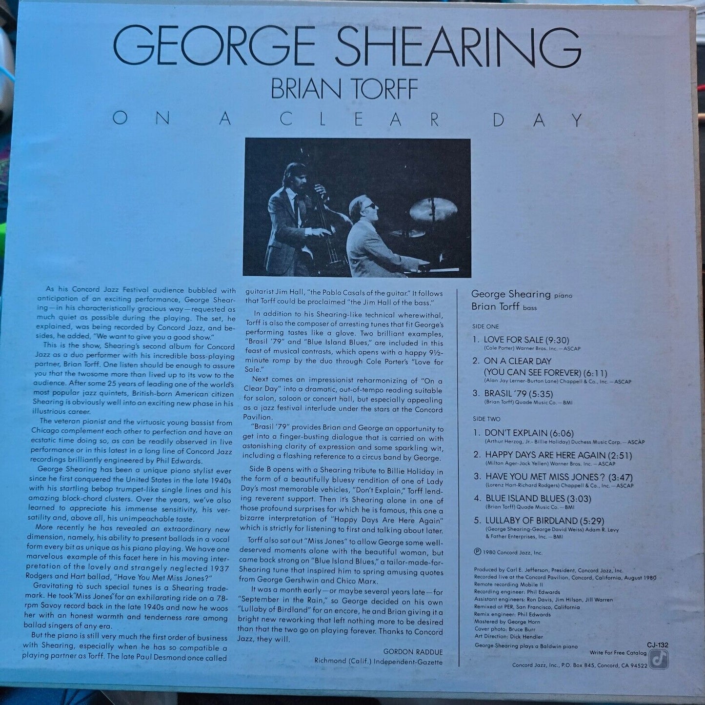 GEORGE SHEARING BRIAN TORFF-On A Clear Day-1980 CONCORD CJ-132- Vinyl Record LP