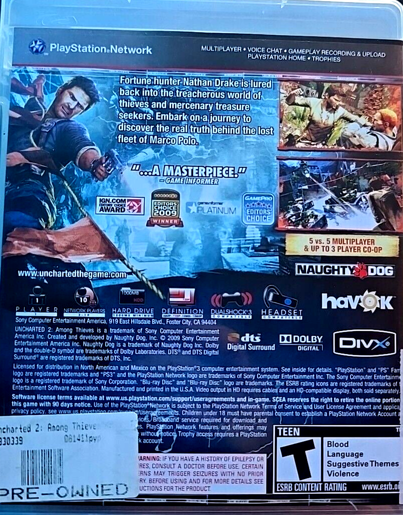 Uncharted 2: Among Thieves (Sony PlayStation 3, 2009) CIB