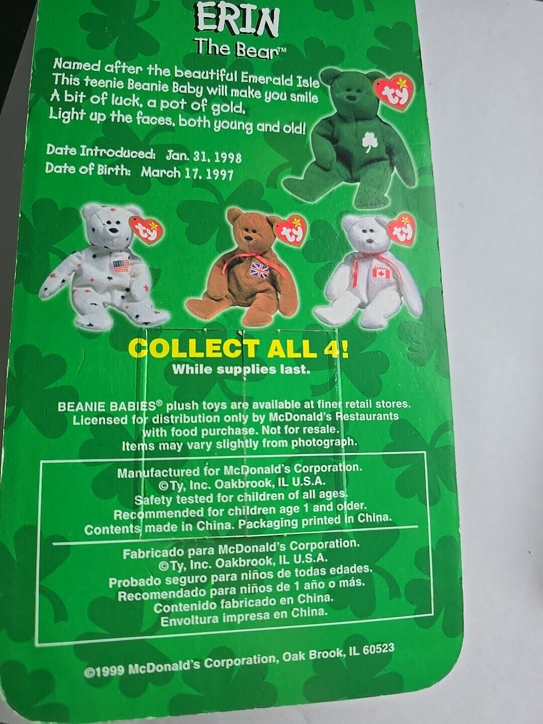  Erin The Bear Irish TY Beanie Baby 